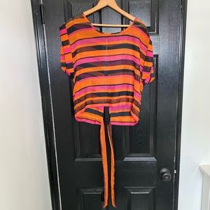 FOREVER21 S/S Stripe Transparent Open Tie Back Large Loose Top